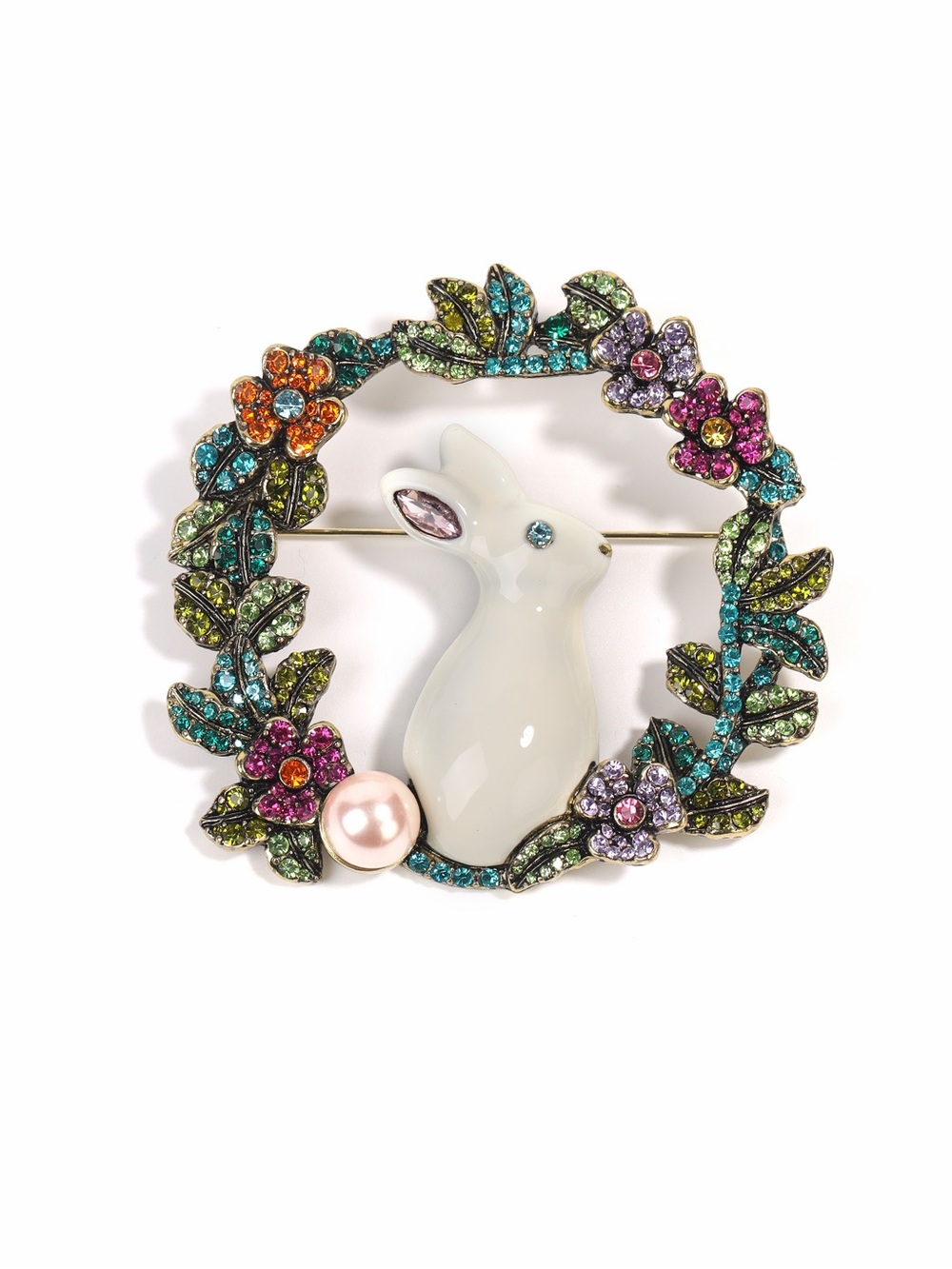 Heidi Daus White Bunny Wreath Brooch with Multicolor Crystals